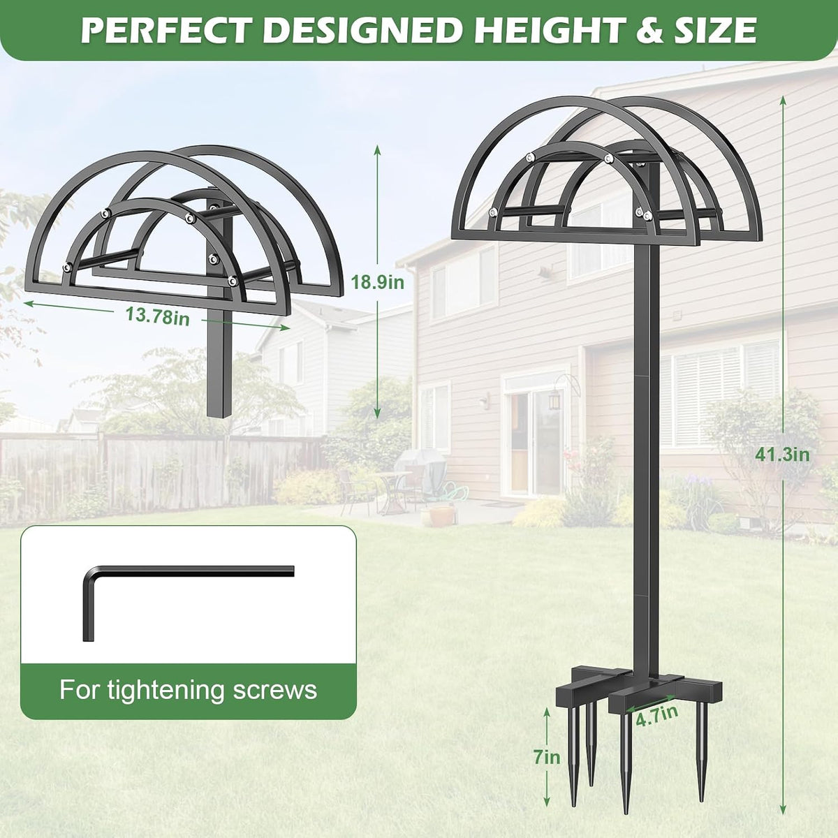 Garden Hose Holder 4 Spikes, Heavy Duty Freestanding Water Hose Holder Stand Holds 150-ft Hoses, Detachable Outdoor Metal Storage Hanger Organizer Rack for Outside Yard Lawn Farm