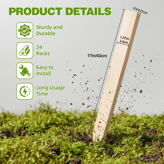 24Pcs Wooden Garden Stakes, 17in Pinewood Yard Stakes for Plant Support