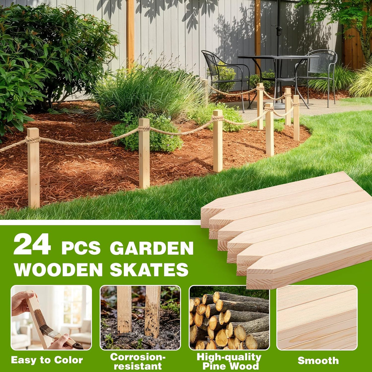 24Pcs Wooden Garden Stakes, 17in Pinewood Yard Stakes for Plant Support