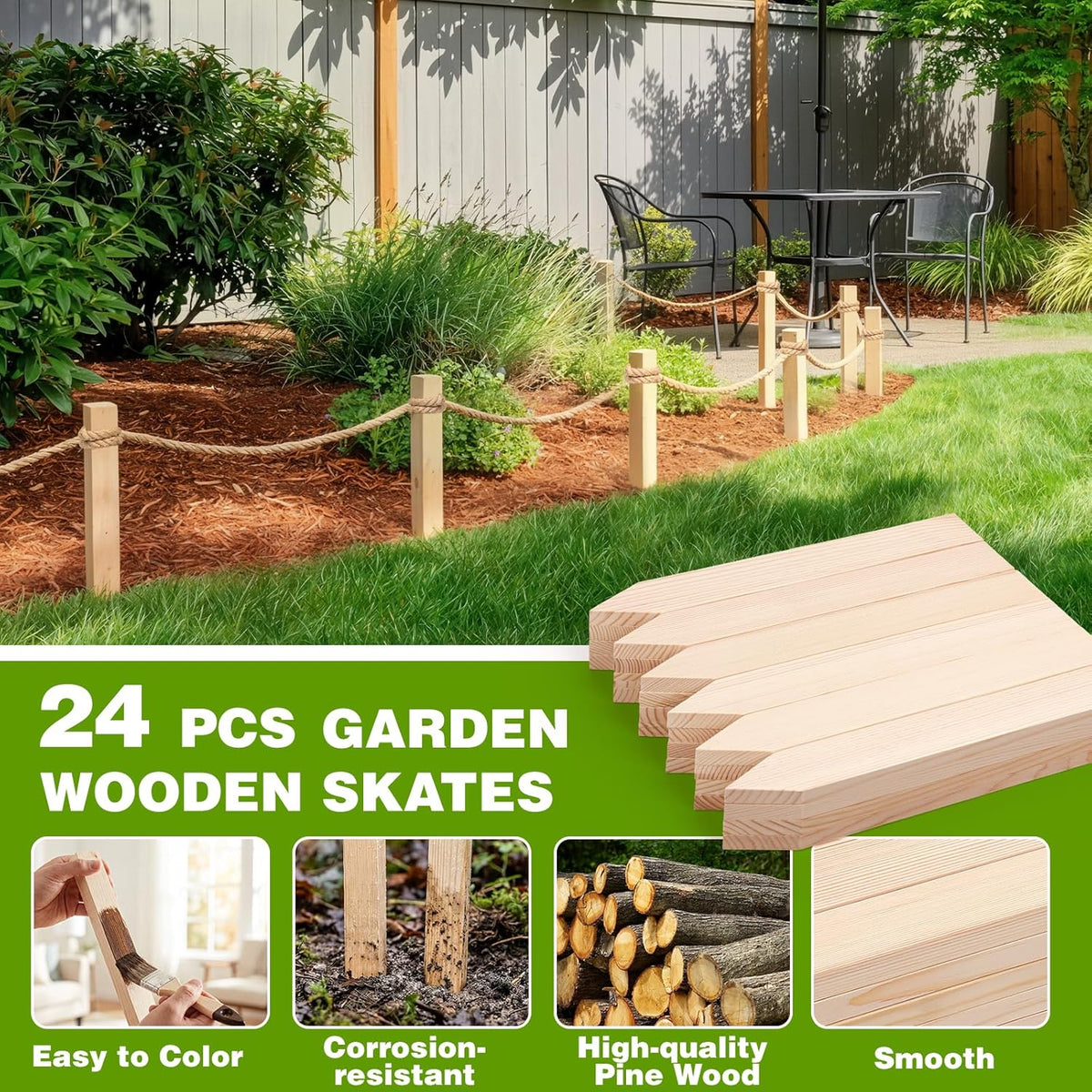 24Pcs Wooden Garden Stakes, 17in Pinewood Yard Stakes for Plant Support