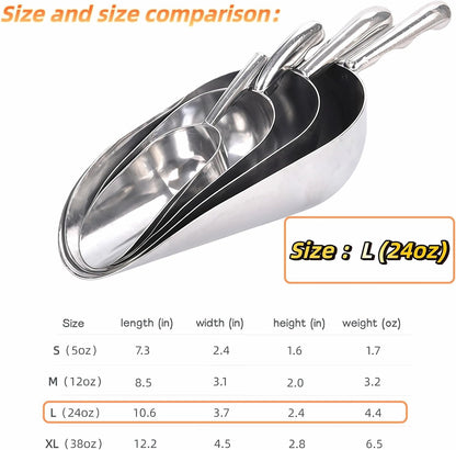 Ice Scoop, Heavy Duty Cast Aluminum, Ergonomic S-Curve Handle, Commercial Grade for Ice, Coffee, Popcorn, Flour, Sugar, Food-Grade & Rust-Proof Kitchen Tool (L (24oz))