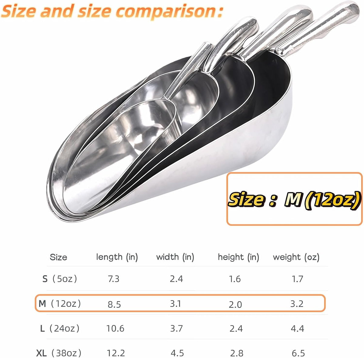 Ice Scoop, Heavy Duty Cast Aluminum, Ergonomic S-Curve Handle, Commercial Grade for Ice, Coffee, Popcorn, Flour, Sugar, Food-Grade & Rust-Proof Kitchen Tool (L (24oz))