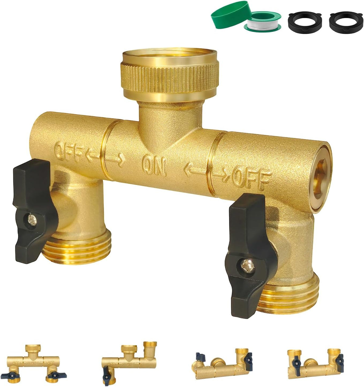 Hose Splitter, 360° Rotatable 2-Way Heavy Duty Brass Y Valve with Ingot-shaped Long Handle, Outdoor Garden Hose Connector, 3/4 Inch GHT Thread