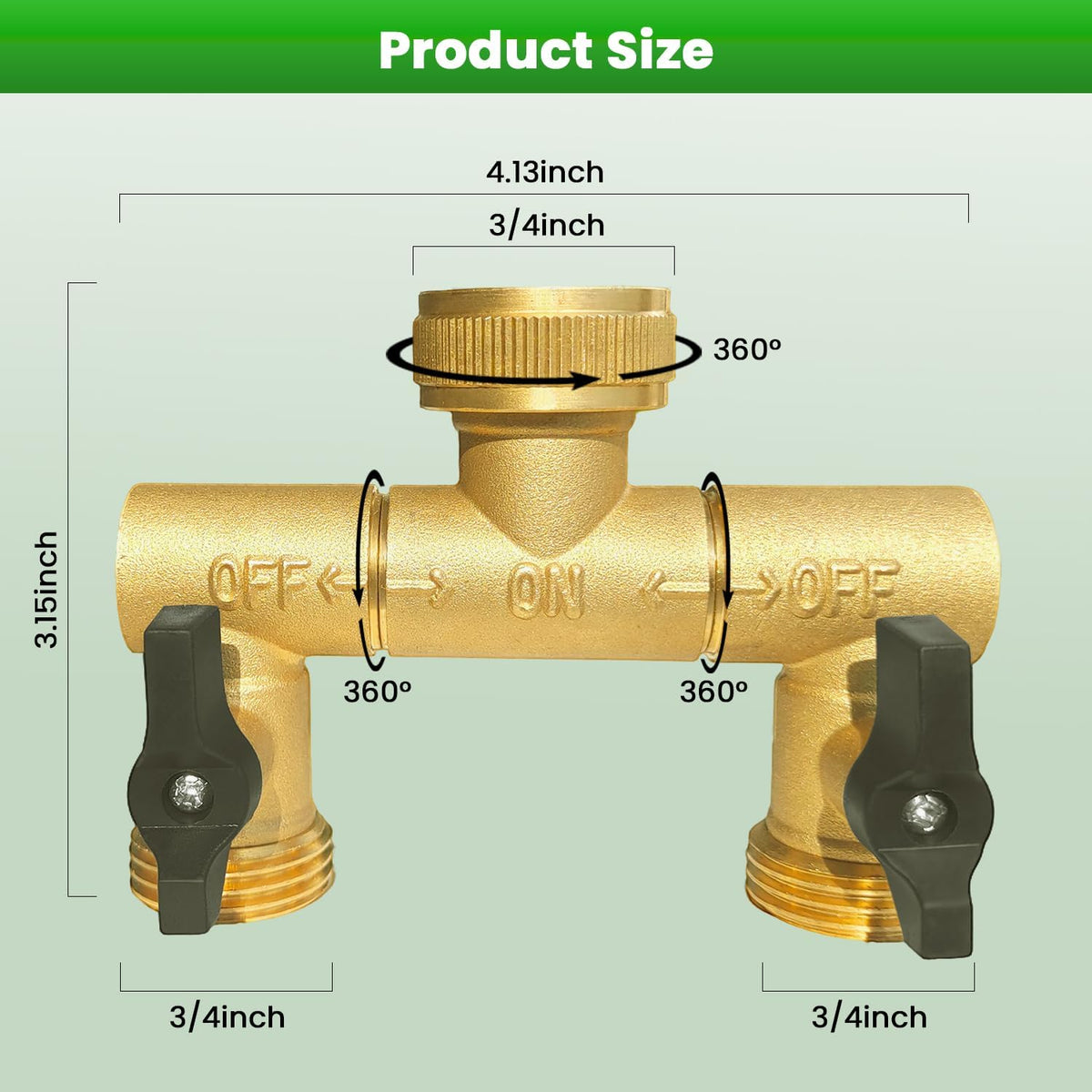 Hose Splitter, 360° Rotatable 2-Way Heavy Duty Brass Y Valve with Ingot-shaped Long Handle, Outdoor Garden Hose Connector, 3/4 Inch GHT Thread