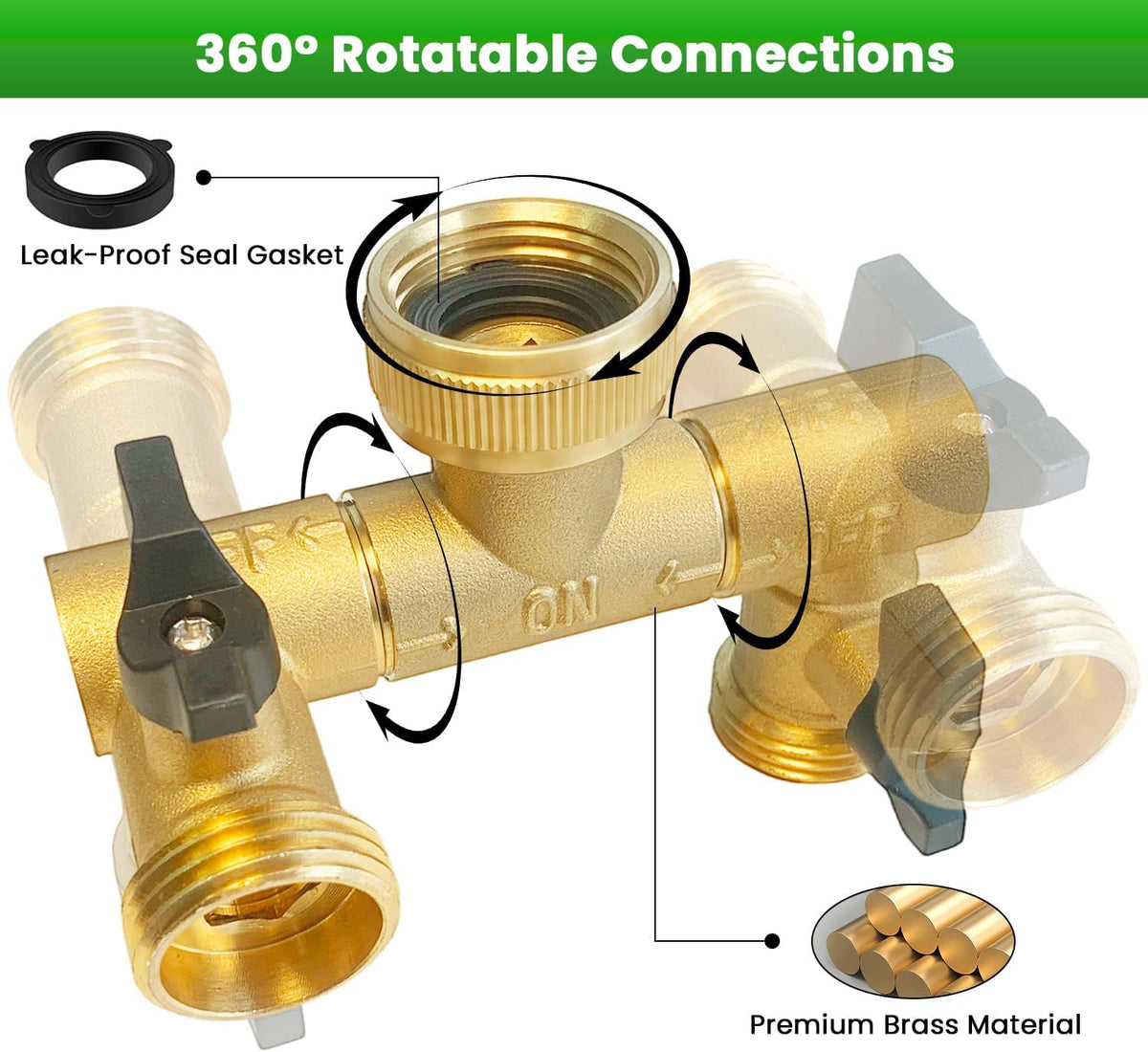 Hose Splitter, 360° Rotatable 2-Way Heavy Duty Brass Y Valve with Ingot-shaped Long Handle, Outdoor Garden Hose Connector, 3/4 Inch GHT Thread