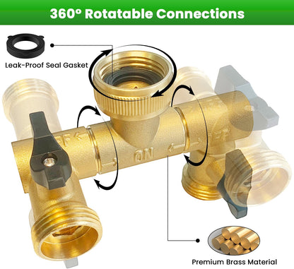 Hose Splitter, 360° Rotatable 2-Way Heavy Duty Brass Y Valve with Ingot-shaped Long Handle, Outdoor Garden Hose Connector, 3/4 Inch GHT Thread