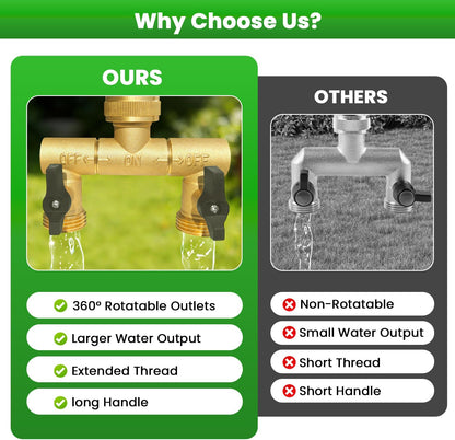 Hose Splitter, 360° Rotatable 2-Way Heavy Duty Brass Y Valve with Ingot-shaped Long Handle, Outdoor Garden Hose Connector, 3/4 Inch GHT Thread