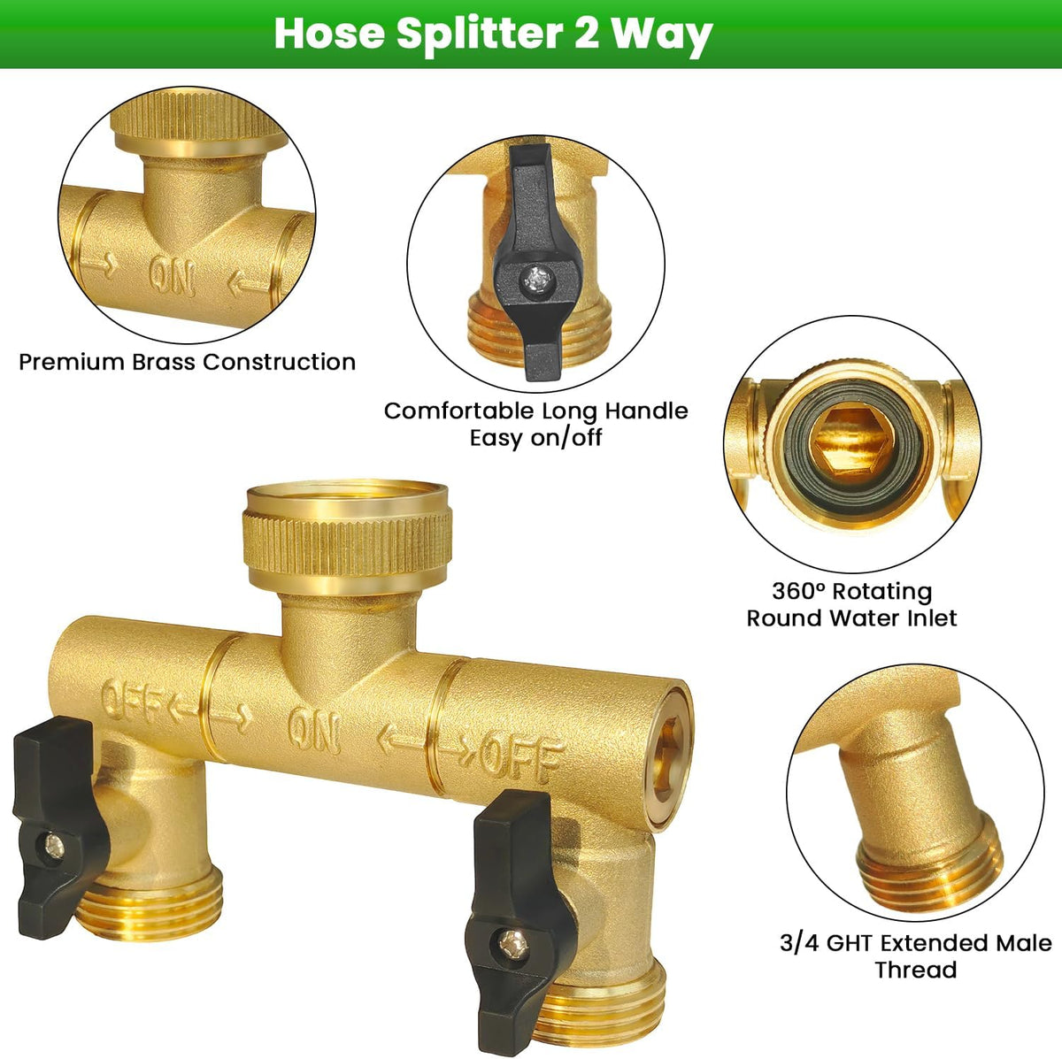 Hose Splitter, 360° Rotatable 2-Way Heavy Duty Brass Y Valve with Ingot-shaped Long Handle, Outdoor Garden Hose Connector, 3/4 Inch GHT Thread