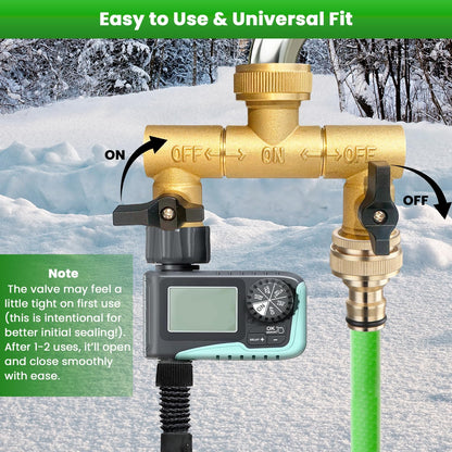 Hose Splitter, 360° Rotatable 2-Way Heavy Duty Brass Y Valve with Ingot-shaped Long Handle, Outdoor Garden Hose Connector, 3/4 Inch GHT Thread