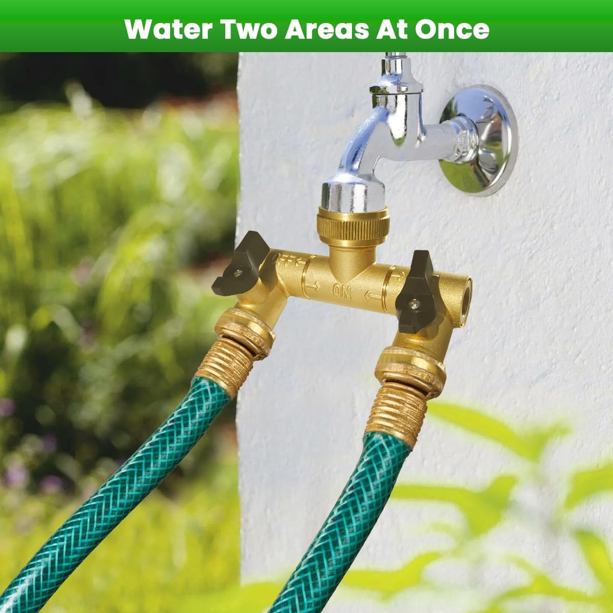 Hose Splitter, 360° Rotatable 2-Way Heavy Duty Brass Y Valve with Ingot-shaped Long Handle, Outdoor Garden Hose Connector, 3/4 Inch GHT Thread
