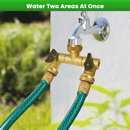 Hose Splitter, 360° Rotatable 2-Way Heavy Duty Brass Y Valve with Ingot-shaped Long Handle, Outdoor Garden Hose Connector, 3/4 Inch GHT Thread