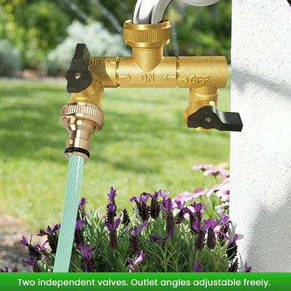 Hose Splitter, 360° Rotatable 2-Way Heavy Duty Brass Y Valve with Ingot-shaped Long Handle, Outdoor Garden Hose Connector, 3/4 Inch GHT Thread