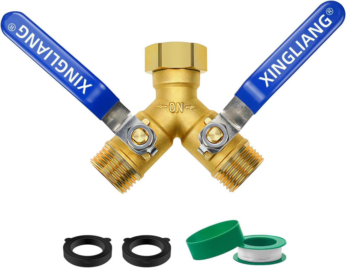 Hose Splitter, 360° Rotatable 2-Way Heavy Duty Brass Y Valve with Ingot-shaped Long Handle, Outdoor Garden Hose Connector, 3/4 Inch GHT Thread
