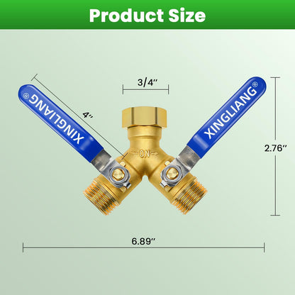 Hose Splitter, 360° Rotatable 2-Way Heavy Duty Brass Y Valve with Ingot-shaped Long Handle, Outdoor Garden Hose Connector, 3/4 Inch GHT Thread