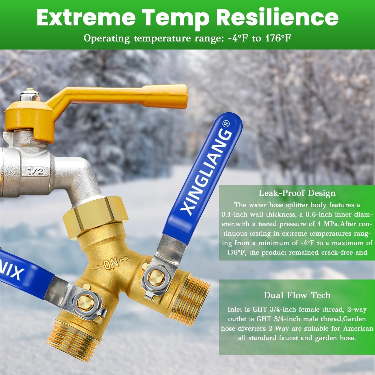 Hose Splitter, 360° Rotatable 2-Way Heavy Duty Brass Y Valve with Ingot-shaped Long Handle, Outdoor Garden Hose Connector, 3/4 Inch GHT Thread