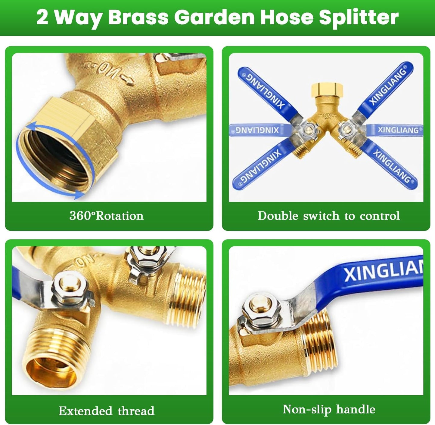 Hose Splitter, 360° Rotatable 2-Way Heavy Duty Brass Y Valve with Ingot-shaped Long Handle, Outdoor Garden Hose Connector, 3/4 Inch GHT Thread