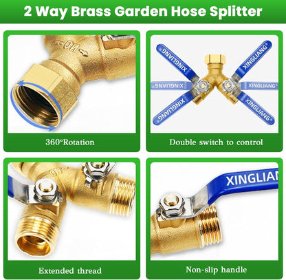Hose Splitter, 360° Rotatable 2-Way Heavy Duty Brass Y Valve with Ingot-shaped Long Handle, Outdoor Garden Hose Connector, 3/4 Inch GHT Thread