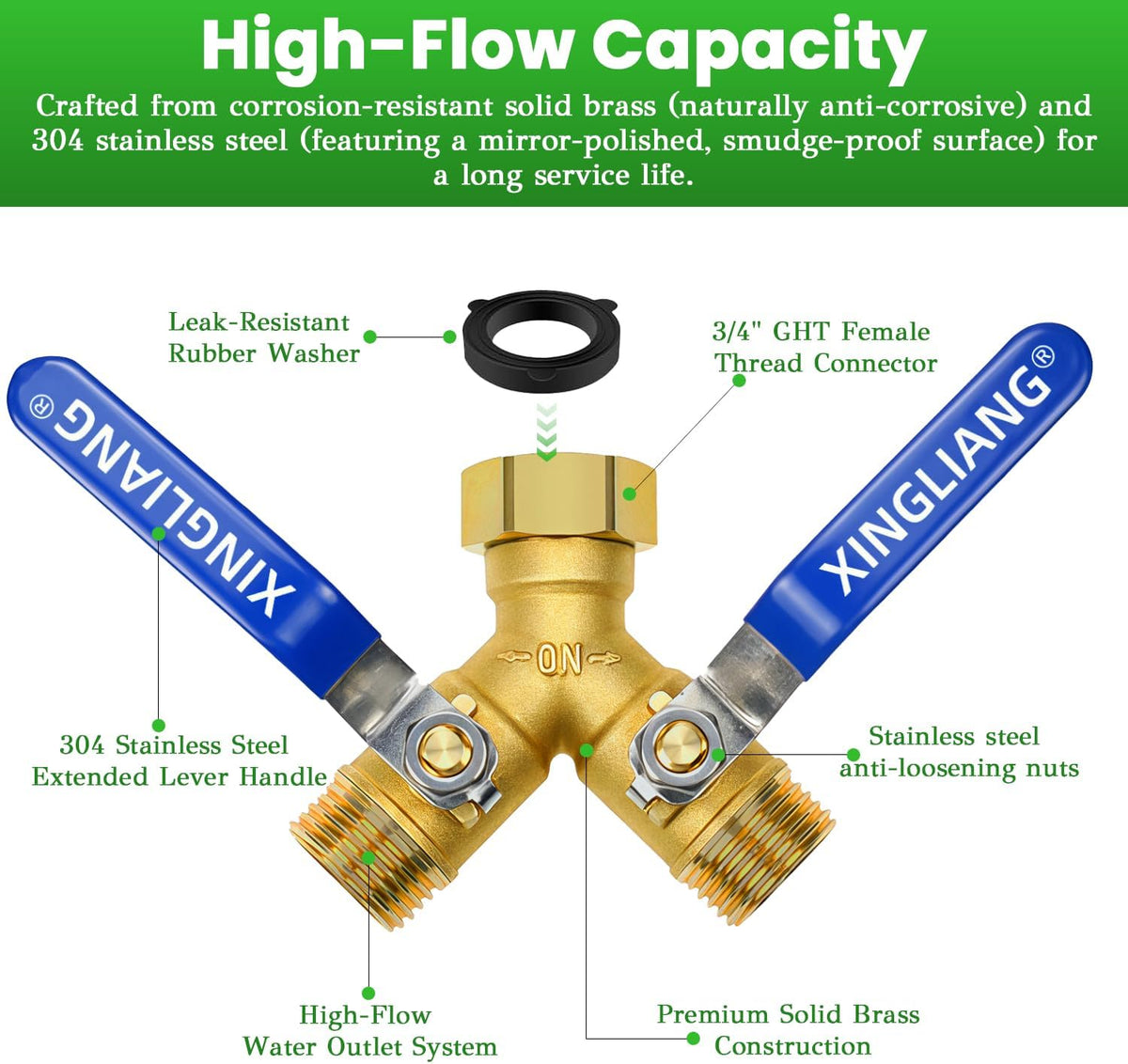 Hose Splitter, 360° Rotatable 2-Way Heavy Duty Brass Y Valve with Ingot-shaped Long Handle, Outdoor Garden Hose Connector, 3/4 Inch GHT Thread