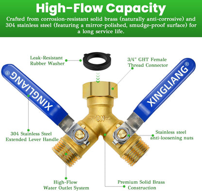 Hose Splitter, 360° Rotatable 2-Way Heavy Duty Brass Y Valve with Ingot-shaped Long Handle, Outdoor Garden Hose Connector, 3/4 Inch GHT Thread