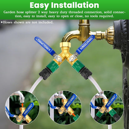 Hose Splitter, 360° Rotatable 2-Way Heavy Duty Brass Y Valve with Ingot-shaped Long Handle, Outdoor Garden Hose Connector, 3/4 Inch GHT Thread