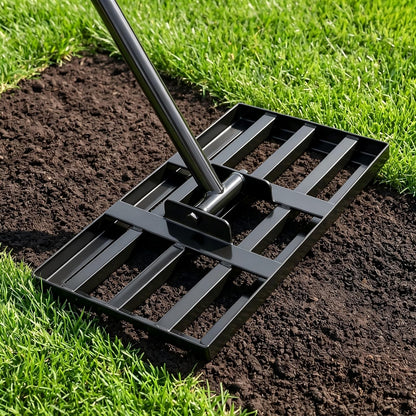 Lawn Leveling Rake for Small Yards & Spot Repair, 17x10 Professional Yard Leveler for Soil & Sand, Ergonomic Long Handle Landscape Rake, Black