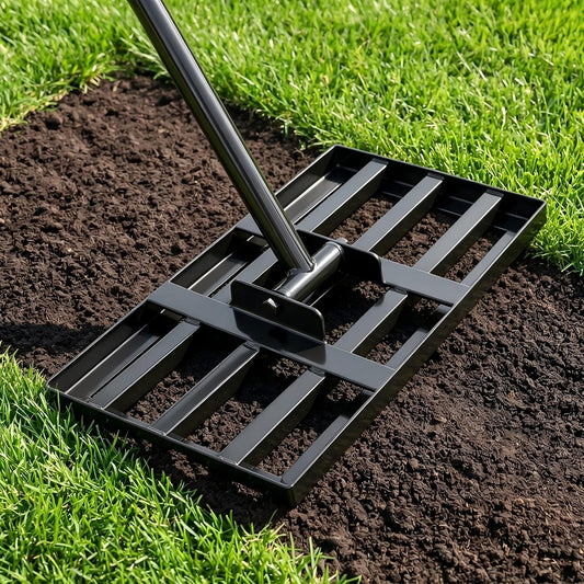 Lawn Leveling Rake for Small Yards & Spot Repair, 17x10 Professional Yard Leveler for Soil & Sand, Ergonomic Long Handle Landscape Rake, Black