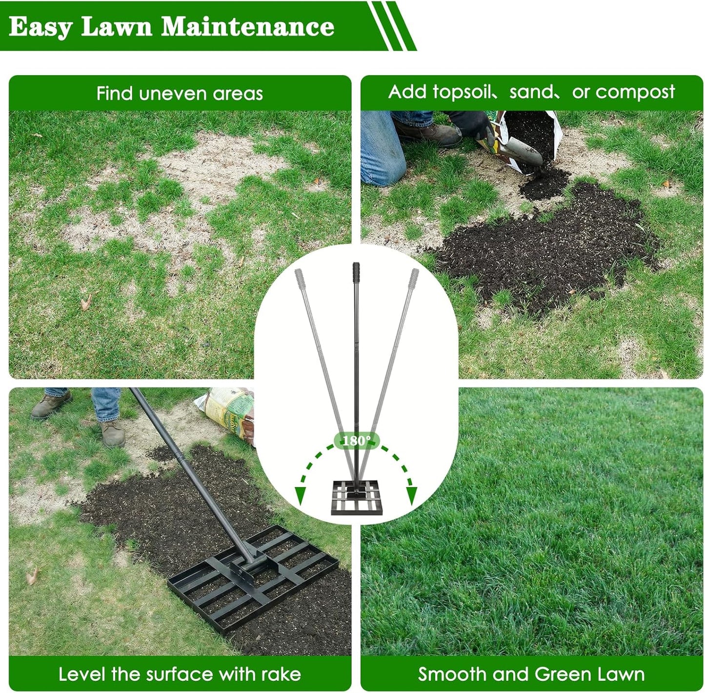 Lawn Leveling Rake for Small Yards & Spot Repair, 17x10 Professional Yard Leveler for Soil & Sand, Ergonomic Long Handle Landscape Rake, Black