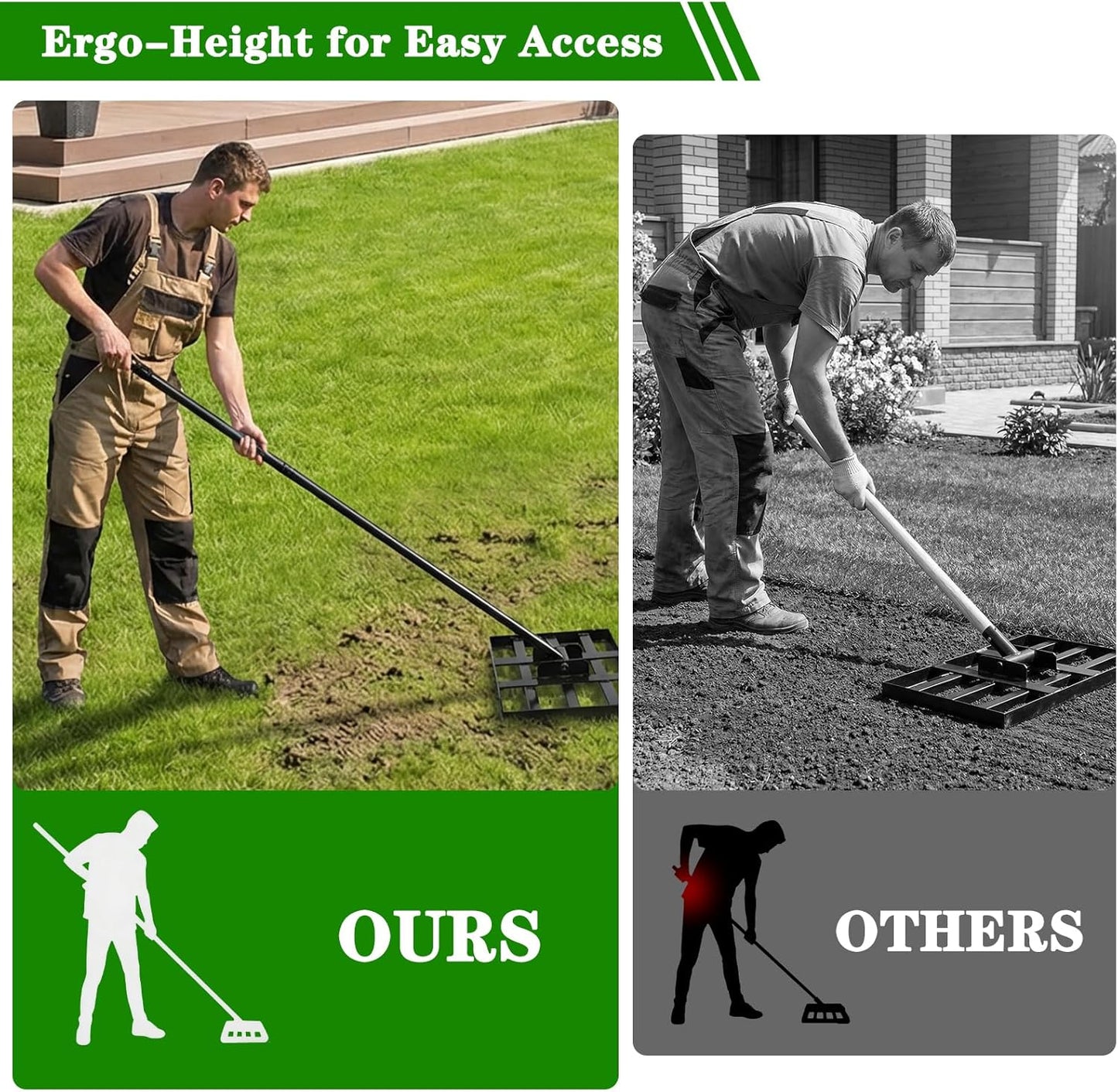 Lawn Leveling Rake for Small Yards & Spot Repair, 17x10 Professional Yard Leveler for Soil & Sand, Ergonomic Long Handle Landscape Rake, Black