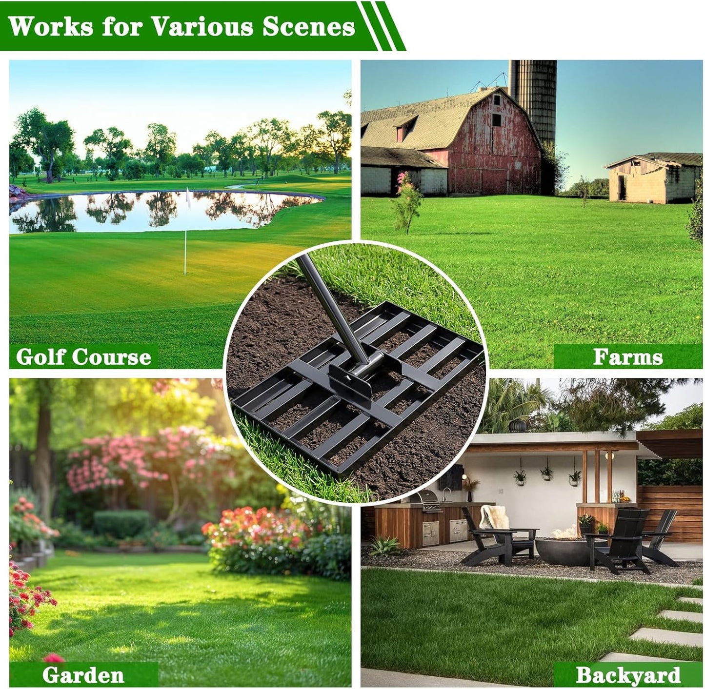 Lawn Leveling Rake for Small Yards & Spot Repair, 17x10 Professional Yard Leveler for Soil & Sand, Ergonomic Long Handle Landscape Rake, Black