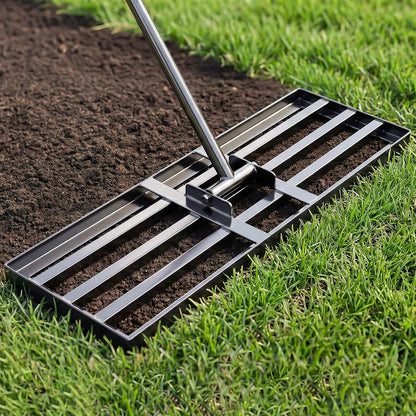 Lawn Leveling Rake for Small Yards & Spot Repair, 17x10 Professional Yard Leveler for Soil & Sand, Ergonomic Long Handle Landscape Rake, Black
