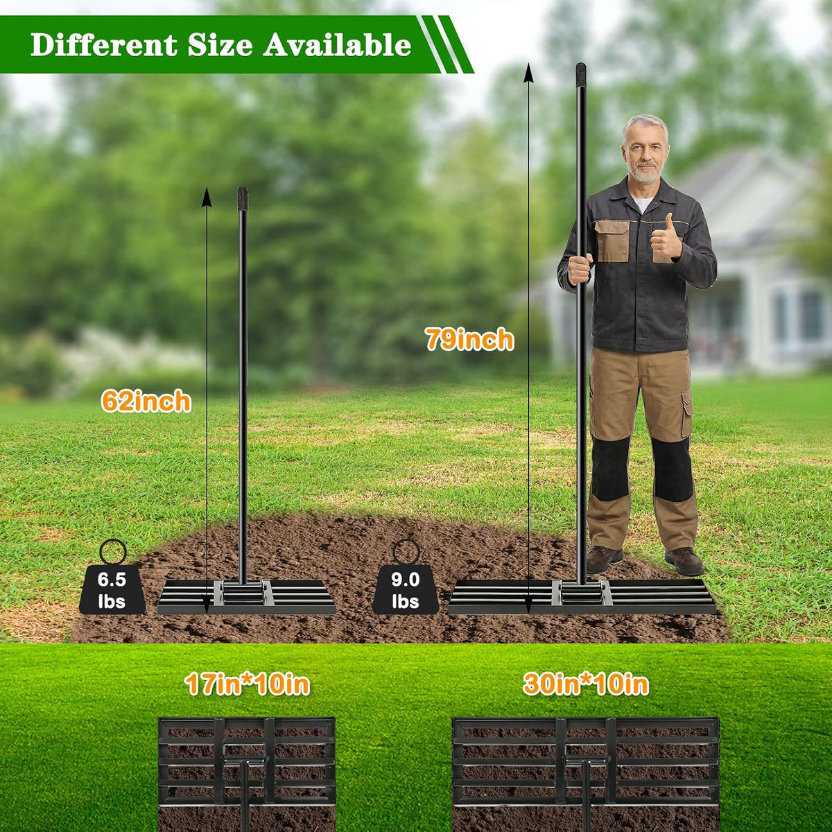 Lawn Leveling Rake for Small Yards & Spot Repair, 17x10 Professional Yard Leveler for Soil & Sand, Ergonomic Long Handle Landscape Rake, Black