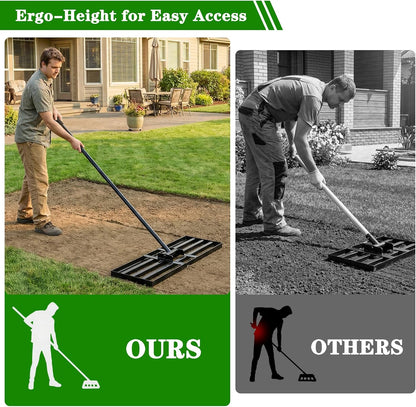 Lawn Leveling Rake for Small Yards & Spot Repair, 17x10 Professional Yard Leveler for Soil & Sand, Ergonomic Long Handle Landscape Rake, Black