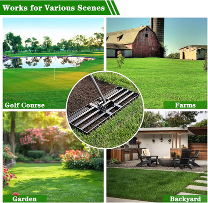Lawn Leveling Rake for Small Yards & Spot Repair, 17x10 Professional Yard Leveler for Soil & Sand, Ergonomic Long Handle Landscape Rake, Black
