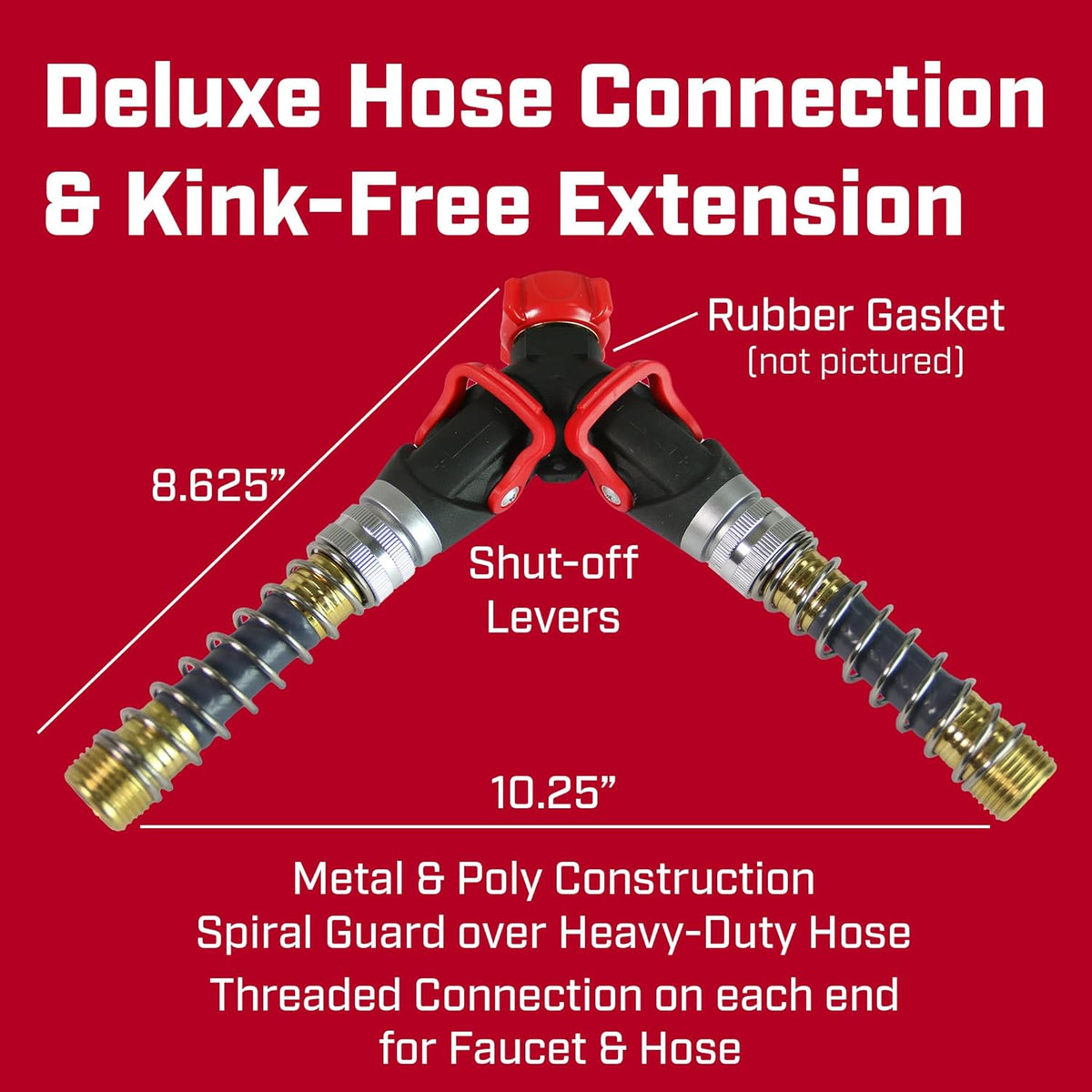6-9482: Deluxe 2-Way Shutoff Hose Connection with Kink-Free Extensions, Fits Standard Garden Hoses, Metal and Plastic Construction with Shut-Off Valves, Leak-Free, Dual Water Flow