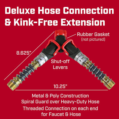 6-9482: Deluxe 2-Way Shutoff Hose Connection with Kink-Free Extensions, Fits Standard Garden Hoses, Metal and Plastic Construction with Shut-Off Valves, Leak-Free, Dual Water Flow