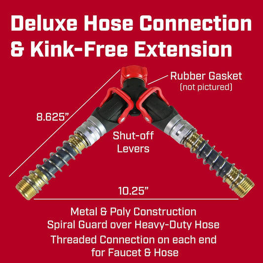 6-9482: Deluxe 2-Way Shutoff Hose Connection with Kink-Free Extensions, Fits Standard Garden Hoses, Metal and Plastic Construction with Shut-Off Valves, Leak-Free, Dual Water Flow