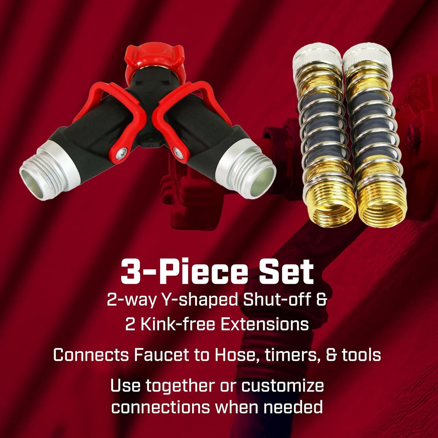 6-9482: Deluxe 2-Way Shutoff Hose Connection with Kink-Free Extensions, Fits Standard Garden Hoses, Metal and Plastic Construction with Shut-Off Valves, Leak-Free, Dual Water Flow