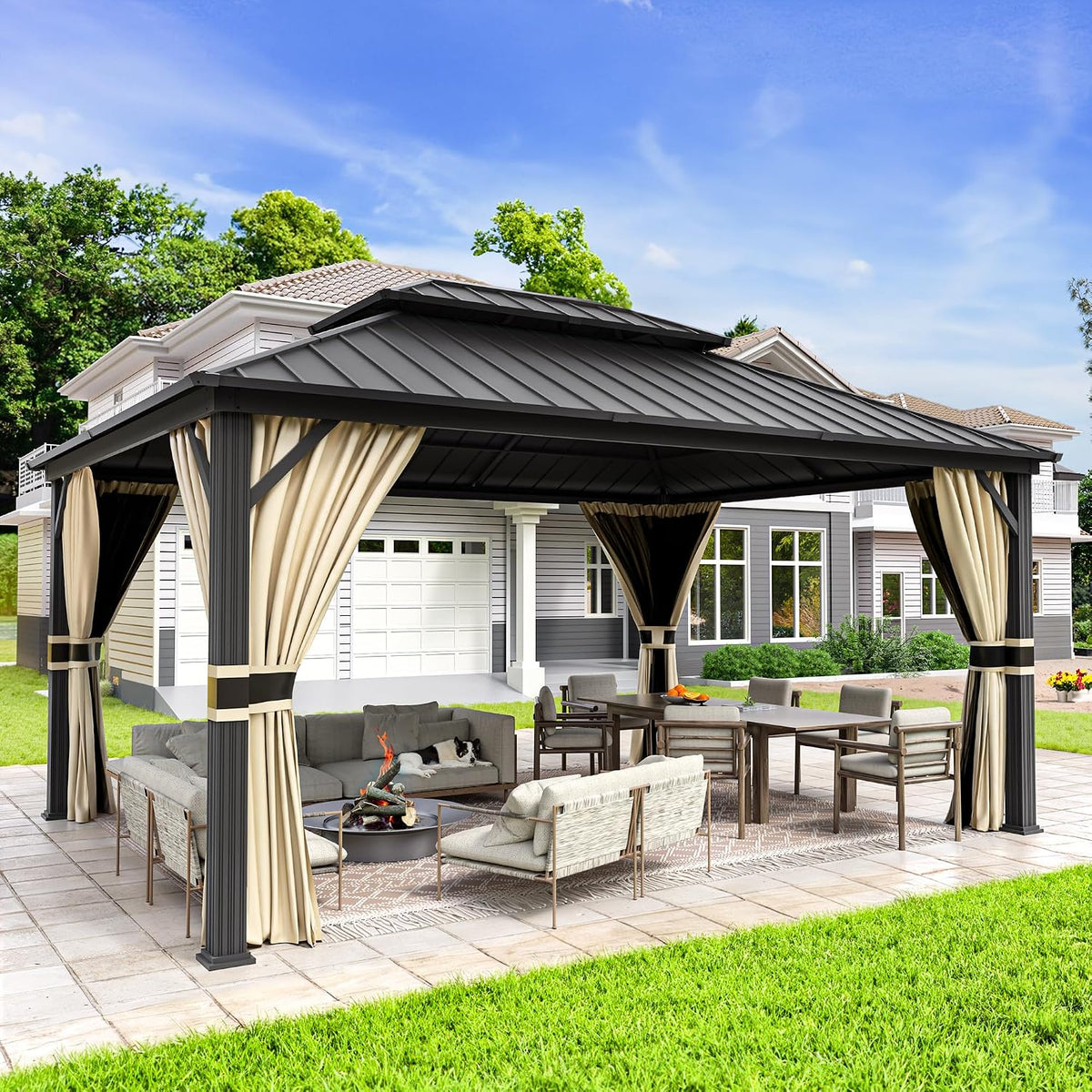 12'x16' Hardtop Gazebo, Aluminum Frame Outdoor Metal Gazebo, Beige
