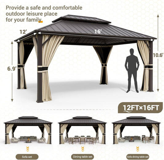 12'x16' Hardtop Gazebo, Aluminum Frame Outdoor Metal Gazebo, Beige