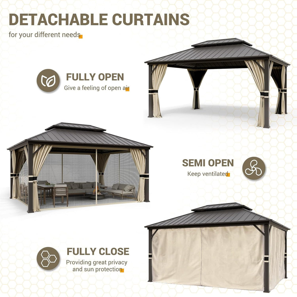 12'x16' Hardtop Gazebo, Aluminum Frame Outdoor Metal Gazebo, Beige