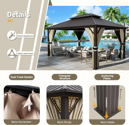 12'x16' Hardtop Gazebo, Aluminum Frame Outdoor Metal Gazebo, Beige