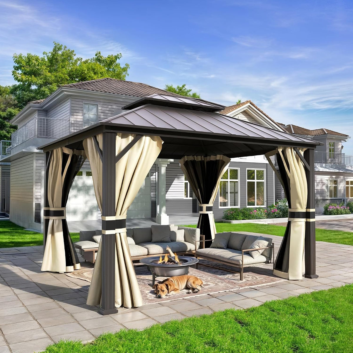 12'x16' Hardtop Gazebo, Aluminum Frame Outdoor Metal Gazebo, Beige
