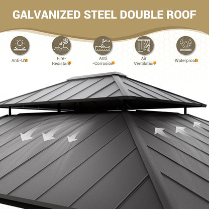12'x16' Hardtop Gazebo, Aluminum Frame Outdoor Metal Gazebo, Beige