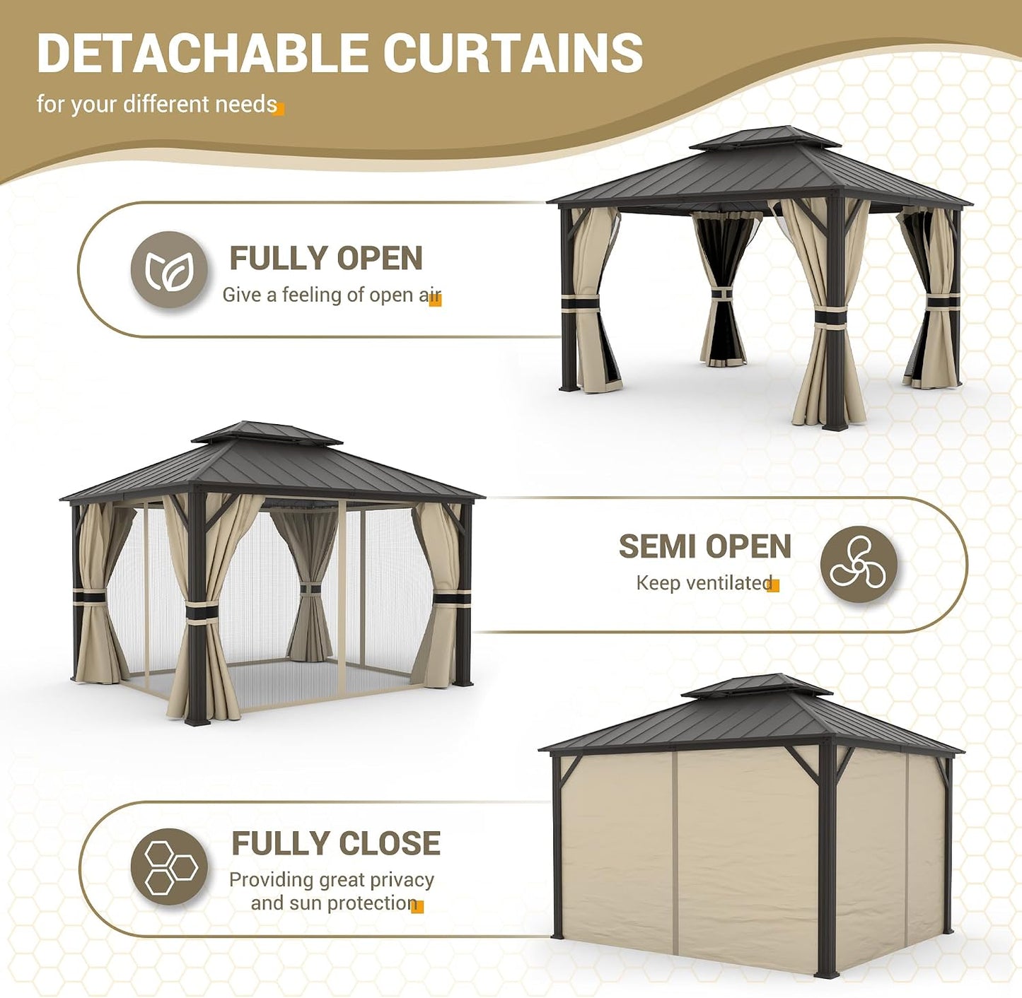 12'x16' Hardtop Gazebo, Aluminum Frame Outdoor Metal Gazebo, Beige