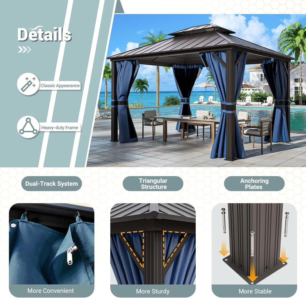 12'x16' Hardtop Gazebo, Aluminum Frame Outdoor Metal Gazebo, Beige