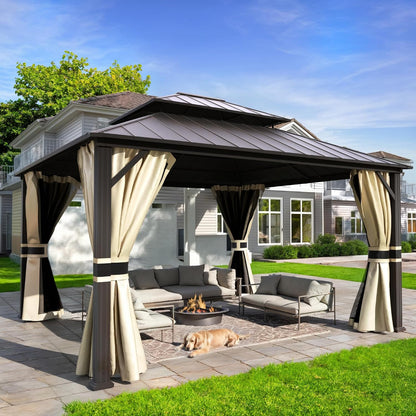 12'x16' Hardtop Gazebo, Aluminum Frame Outdoor Metal Gazebo, Beige