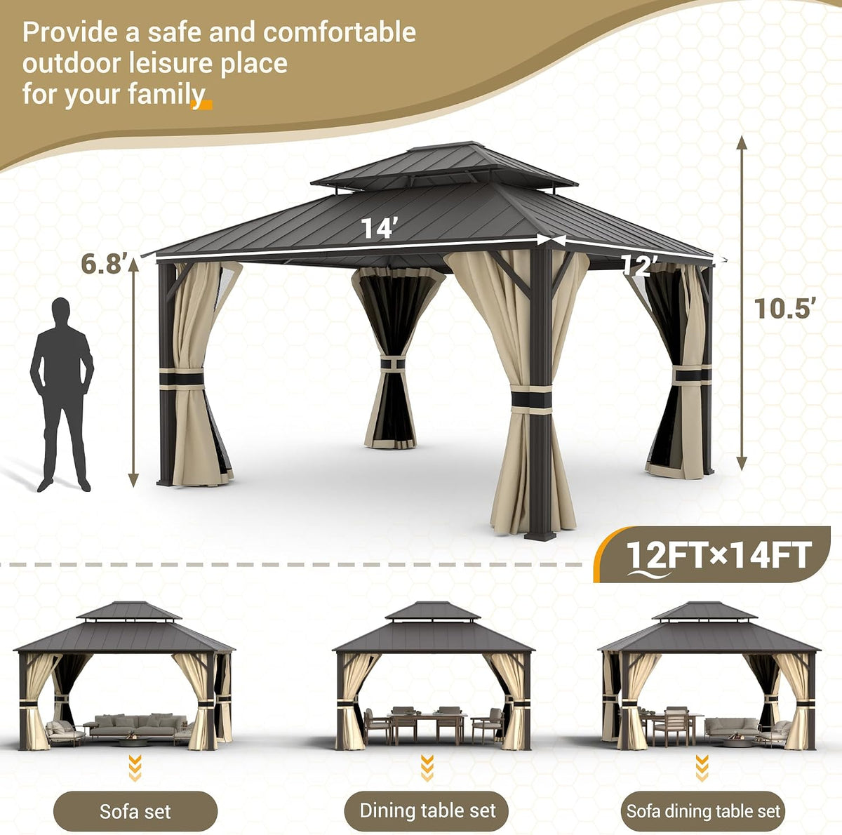 12'x16' Hardtop Gazebo, Aluminum Frame Outdoor Metal Gazebo, Beige