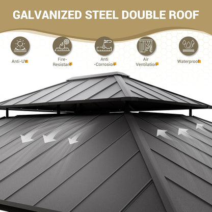 12'x16' Hardtop Gazebo, Aluminum Frame Outdoor Metal Gazebo, Beige