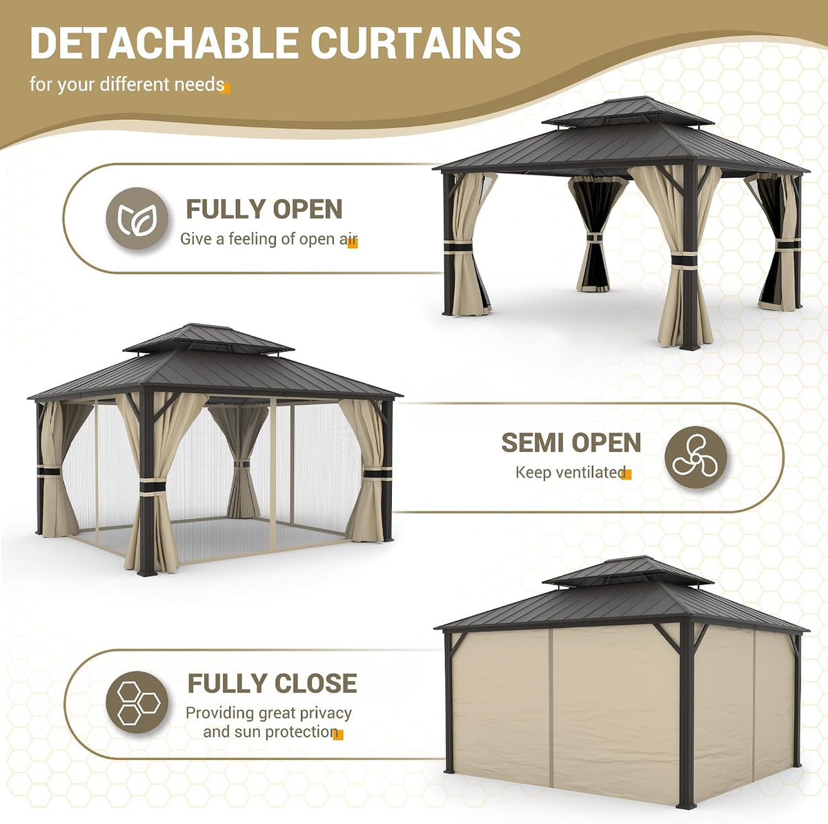 12'x16' Hardtop Gazebo, Aluminum Frame Outdoor Metal Gazebo, Beige