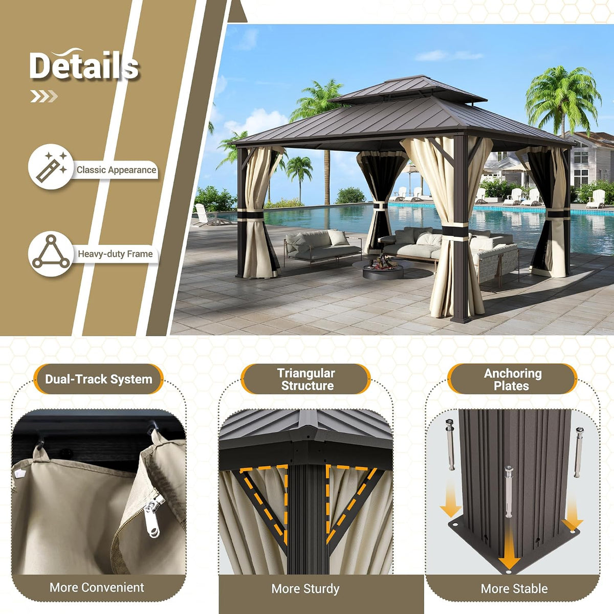12'x16' Hardtop Gazebo, Aluminum Frame Outdoor Metal Gazebo, Beige